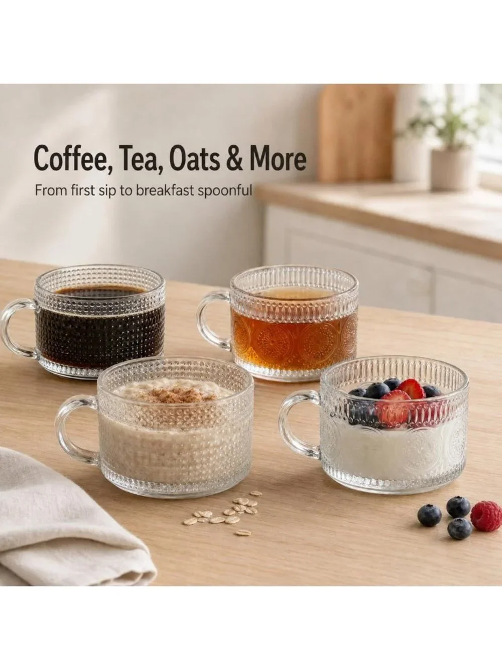 Vintage Glass Coffee Mugs Set of 4 - Clear Embossed Cups with Bamboo Lids
